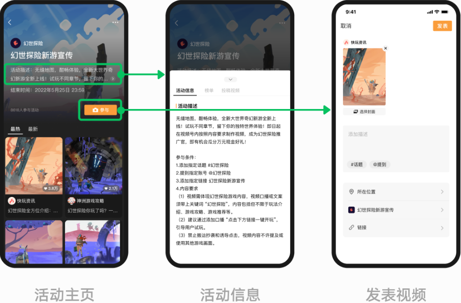點擊活動描述，可查看任務參與條件和要求。創作者需仔細查看任務描述和參與條件，如話題要求、@ 要求、口播要求、內容要求等。根據要求完成視頻制作后，點擊“參與”按鈕，即可上傳投稿視頻。