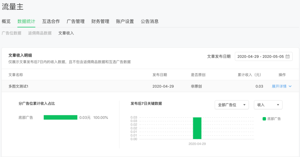 流量主在“數據統計”頁的“文章收入”板塊可查看文章發布后7日內的收入數據（不包含返傭商品數據和公眾號互選廣告數據）。