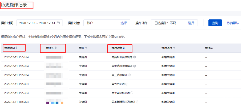 查詢結果區：操作記錄列表支持根據操作時間、操作人名稱、操作對象名稱進行排序