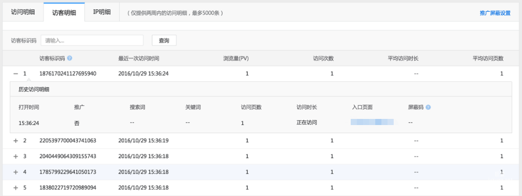 訪客明細：查看同一個訪客的歷史訪問行為 。（僅支持推廣版）