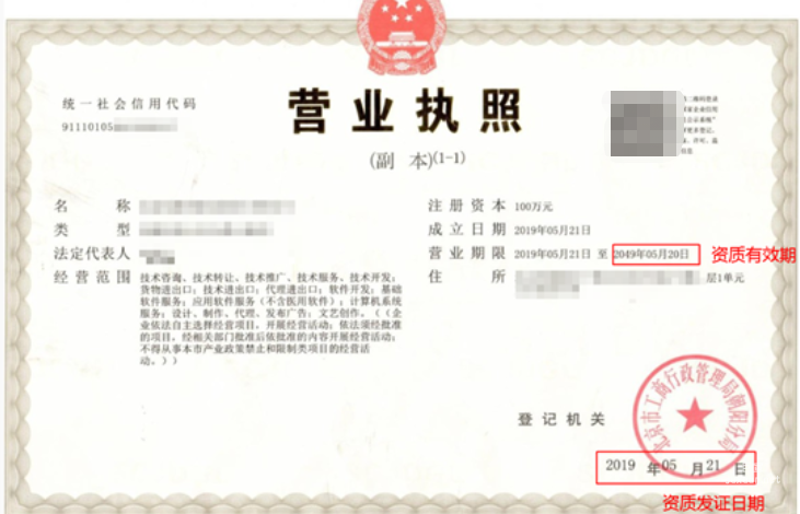 企業營業執照（副本）原件照片