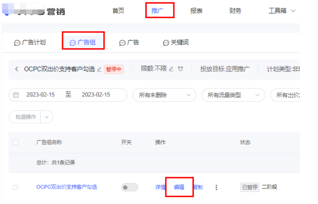 vivo廣告組層級，進入編輯頁面